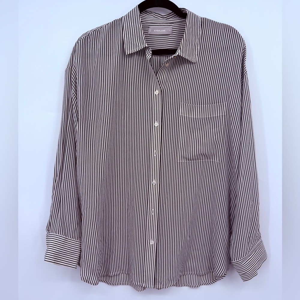 Everlane Black & White Striped Silk Button Front Blouse Size 10 - Picture 2 of 5